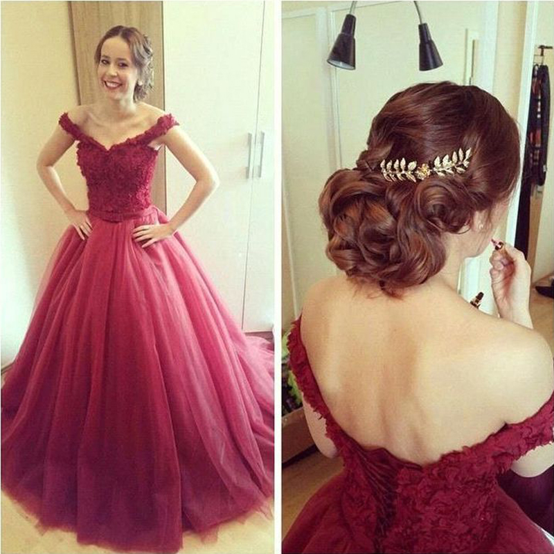 Burgundy Long Puffy Prom Dresses Wine Red Off the Shoulder Women vestidos de fiesta largos elegantes CS276